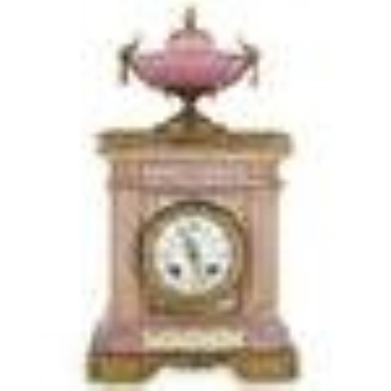 (3Pc) Antique Julien Le Roy Porcelain & Bronze Mantel Clock with Cassoulets