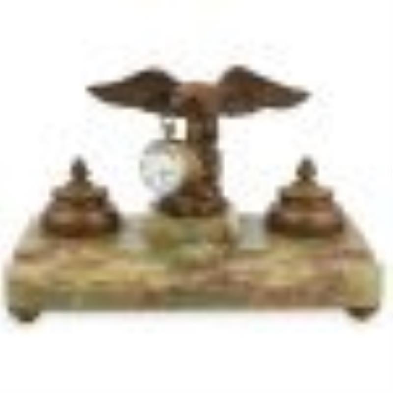 Federalist Bronze Eagle & Green Onyx, Ball Clock Inkwell