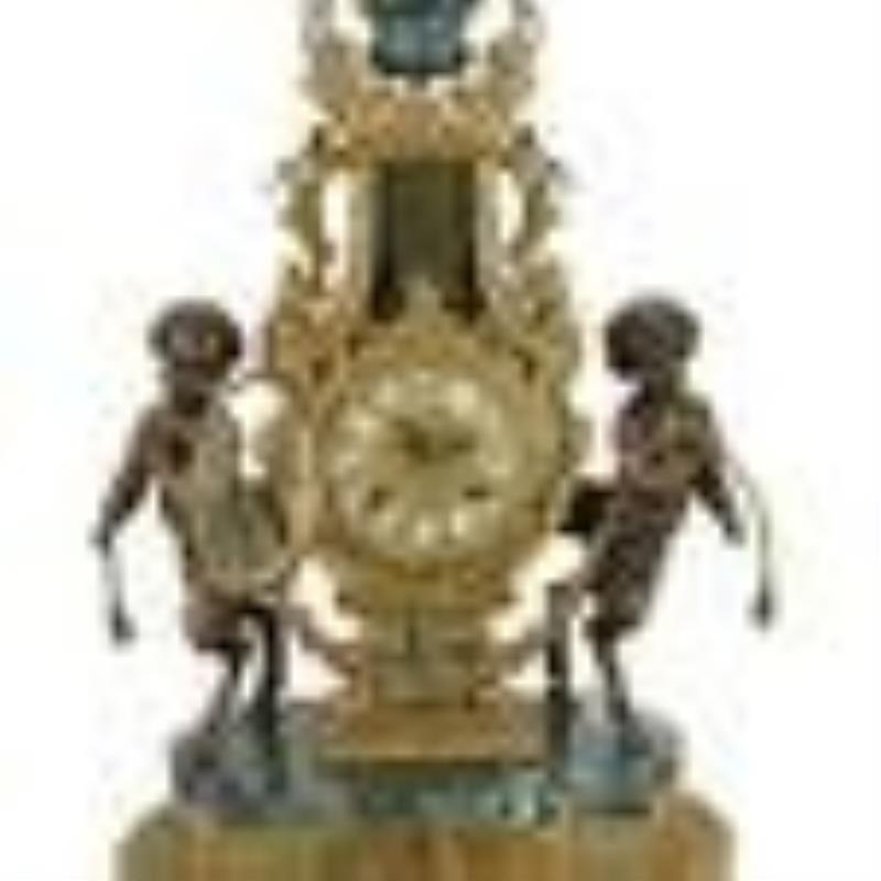 (3Pc) Italian Franz Hermle Figural Lyre Clock & Garnitures
