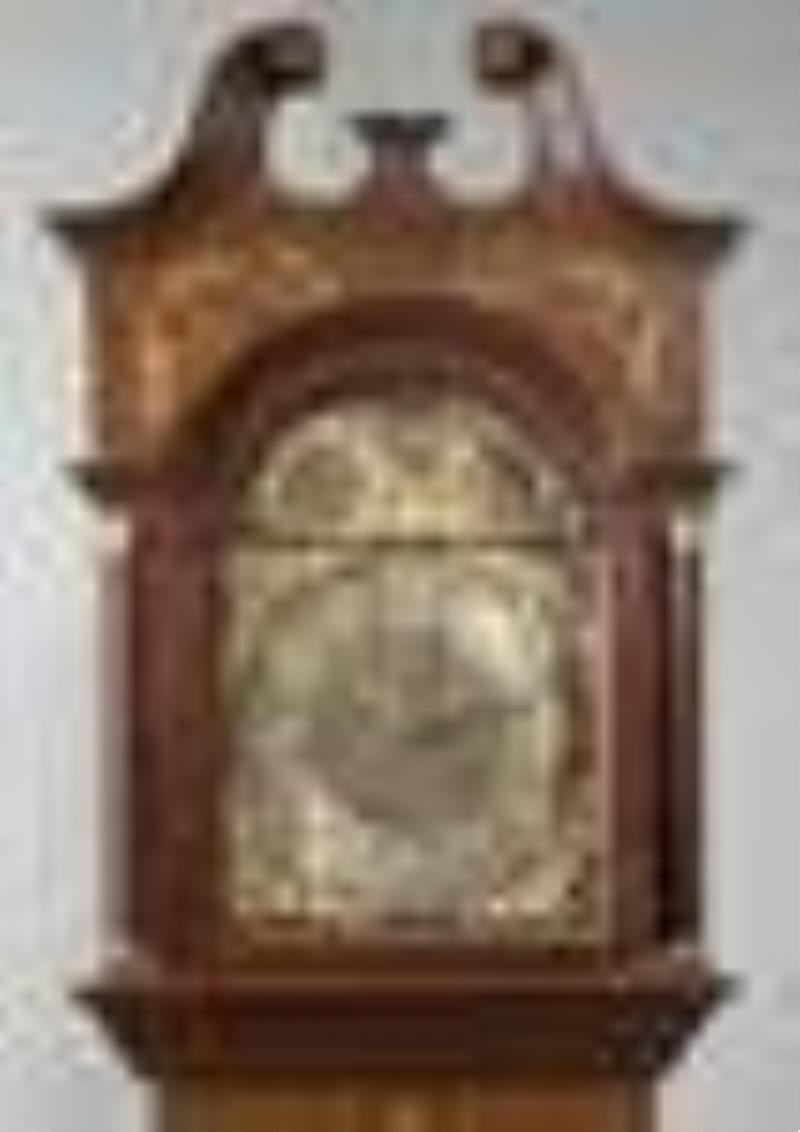 Edwardian Marquetry Inlaid Mahogany and Satinwood Tubular Tall Case Clock