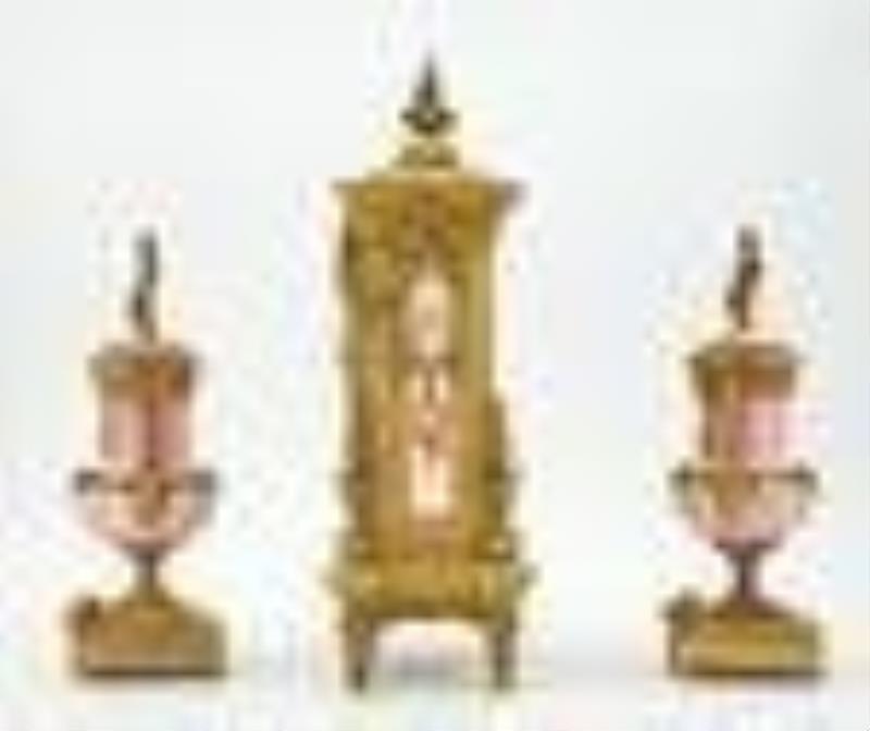 Napoleon III Gilt-Metal and Sevres Style Pink Ground Porcelain Clock Garniture