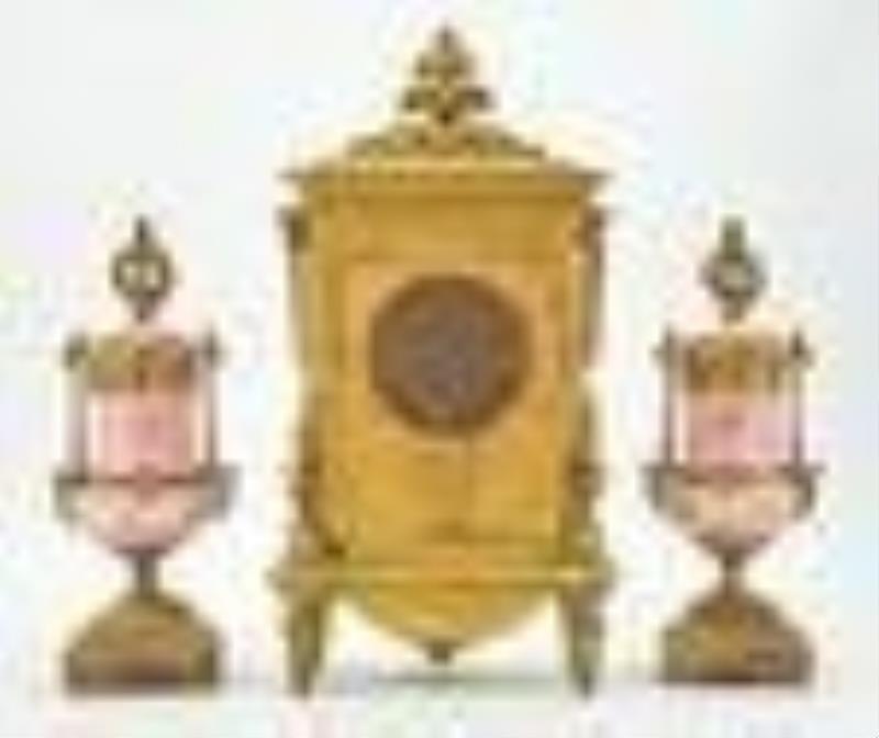 Napoleon III Gilt-Metal and Sevres Style Pink Ground Porcelain Clock Garniture