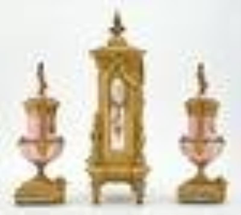 Napoleon III Gilt-Metal and Sevres Style Pink Ground Porcelain Clock Garniture
