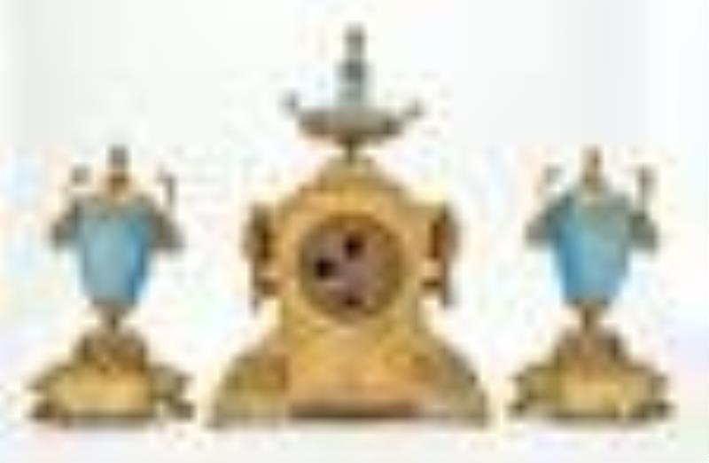 Napoleon III Gilt-Metal and Sevres Style Blue Ground Porcelain Clock Garniture