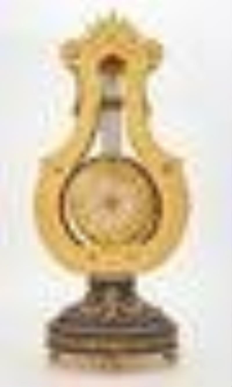 Louis XVI Style Gilt-Metal Mounted Cobalt Ground Porcelain Lyre-Form ‘Jeweled’ Mantel Clock With