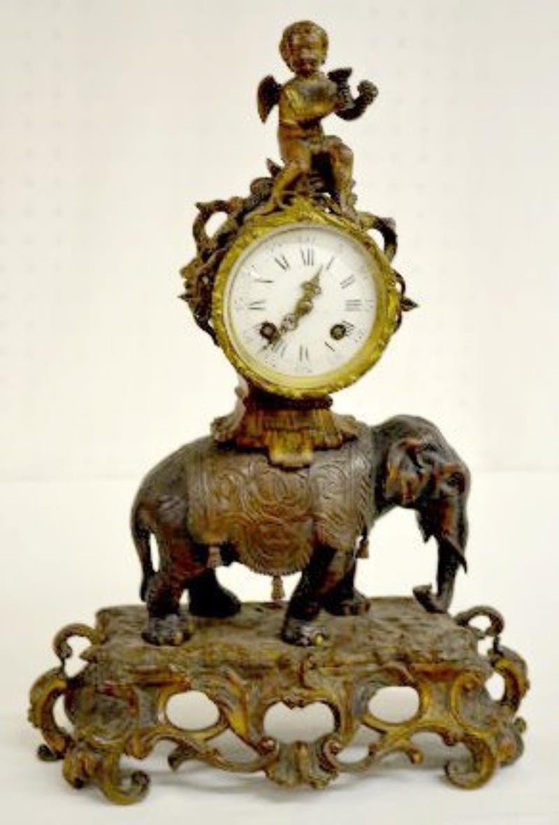 French Bronze Elephant and Cherub Clock