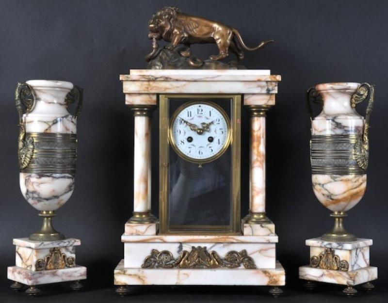 A 19TH CENTURY FRENCH VIENNA MARBLE THREE PIECE CLOCK