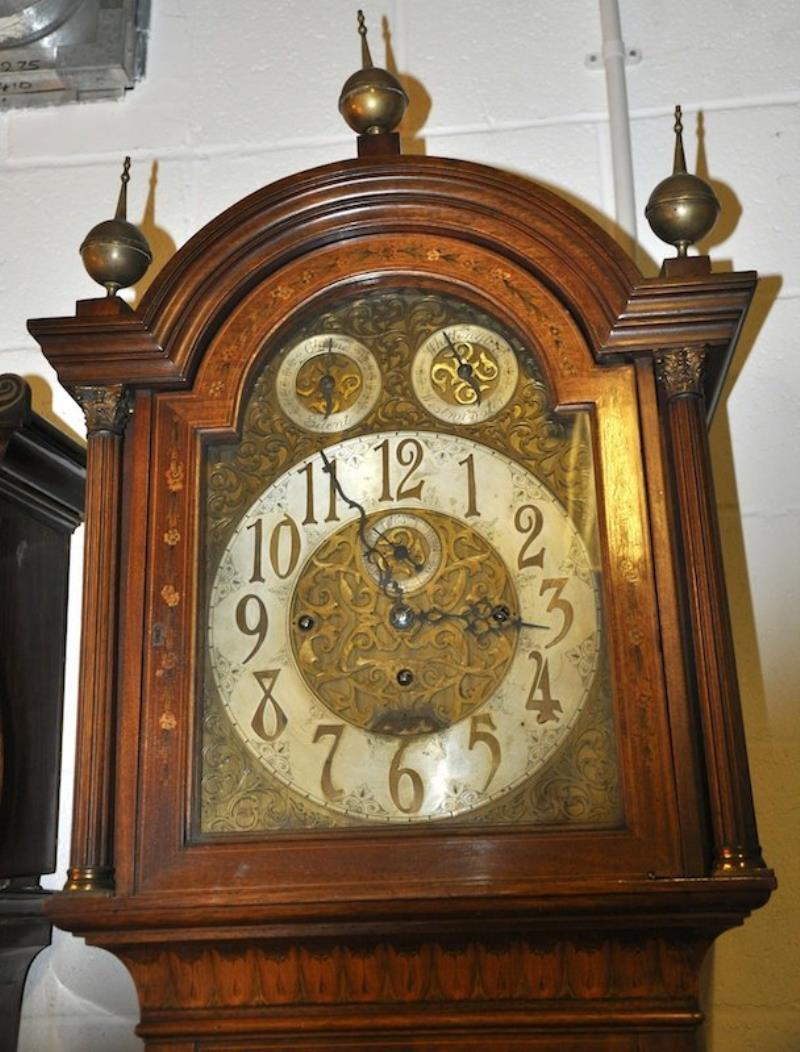 A VERY GOOD EDWARDIAN MAHOGANY INLAID LONGCASE CLOCK,