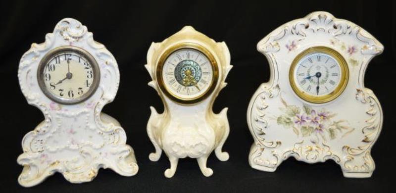 3 Miniature Key Wind Dresser Clocks, German +