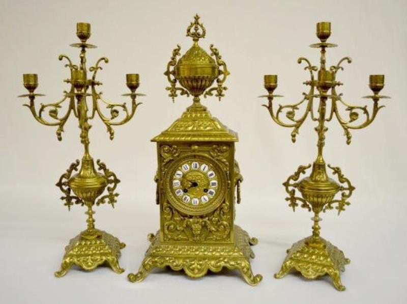 S. Marti & Cie Brass 3 Pc. Clock Garniture Set