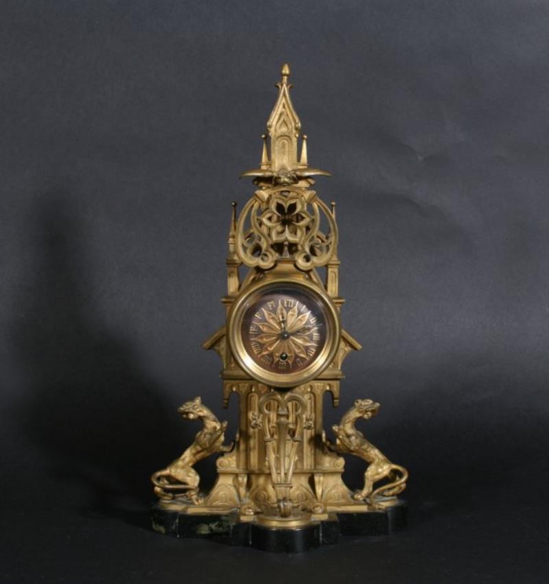 MARBLE & BRONZE TABLE CLOCK GOTHIC TASTE C.1870