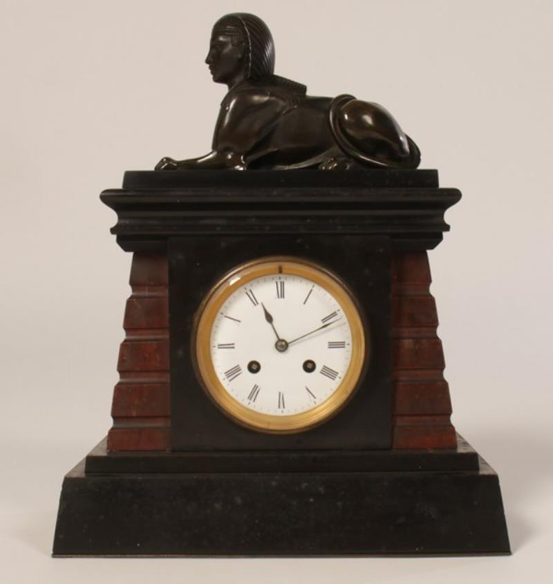 RED MARBLE EGYPTIAN REVIVAL MANTLE CLOCK C.1890