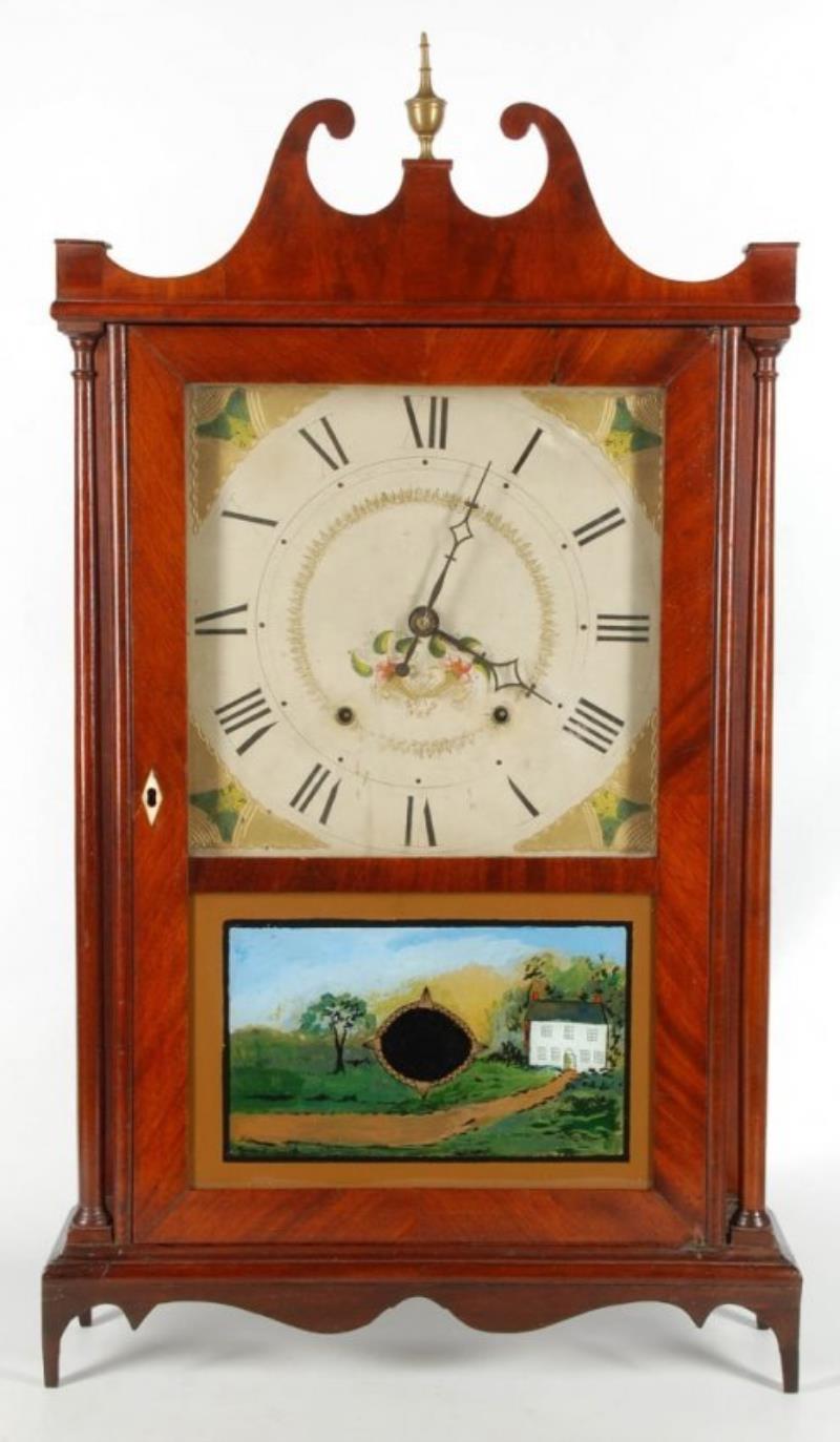 A SETH THOMAS FEDERAL PILLAR AND SCROLL SHELF CLOCK