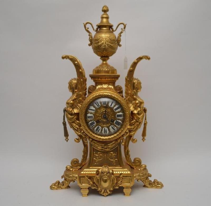 19th Century Gilt Bronze Figural Angel Clock with time