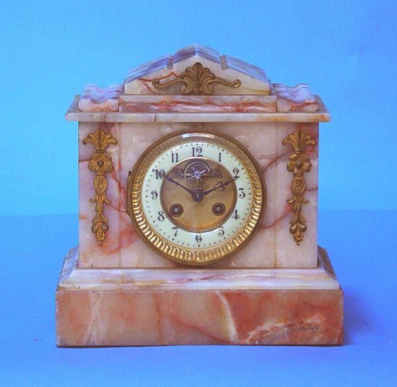 Open Escapement Variegated Onyx Mantel Clock