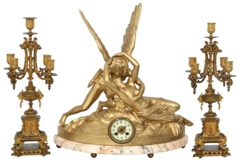 Cupid and Psyche Clock with Candelabra