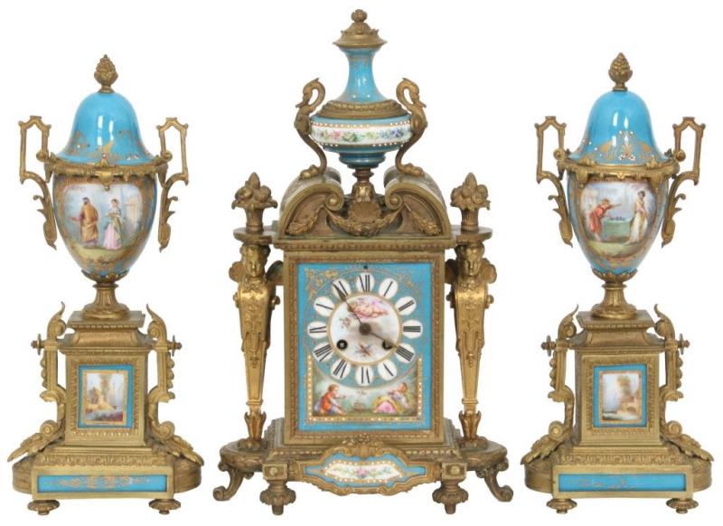 French Sevres Style Three-Piece Clock Garniture