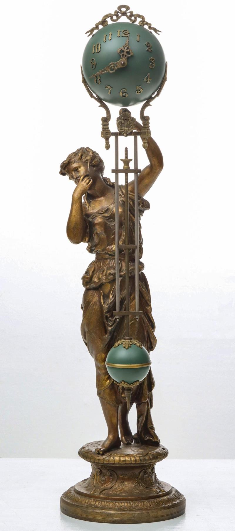 ANSONIA 'JUNO' BALL SWING SPELTER FIGURAL MYSTERY CLOCK