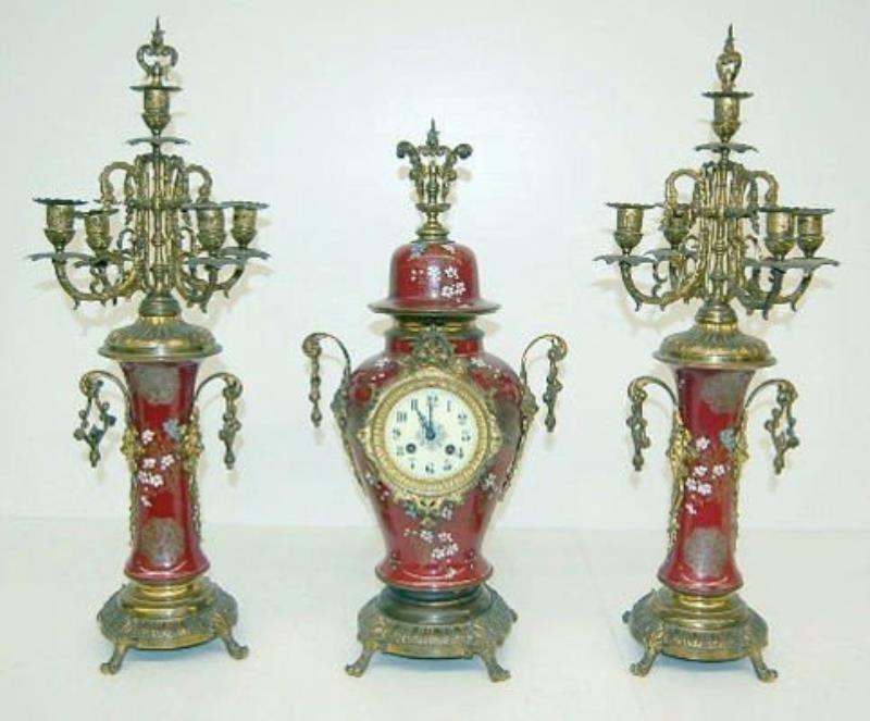 French Porcelain Urn Clock & Candelabra Set