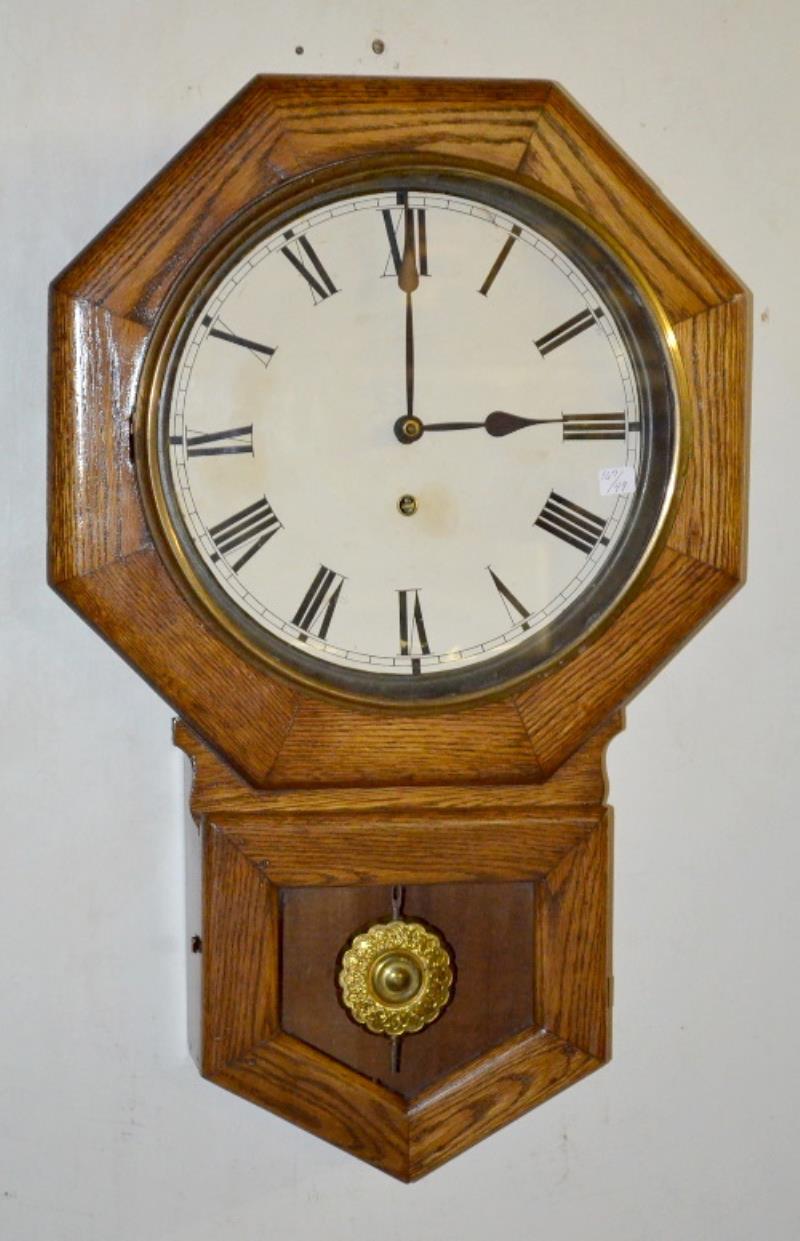 Antique Octagon Oak School House Short Drop Regulator Clock