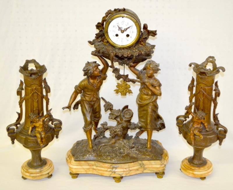 Antique 3 Piece French Clock Statue Set