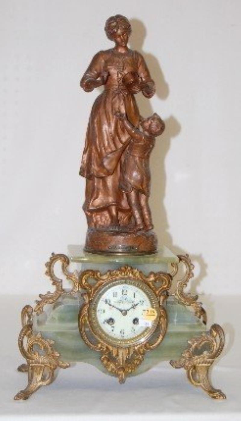 A.D. Mougin French Onyx Lady & Child Statue Clock