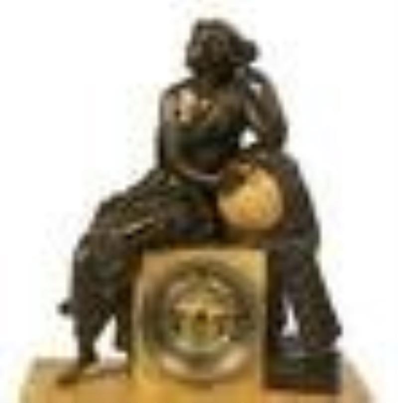 Exceptional French Gilt Bronze Figural and Ocher Marble Mantel Clock, 19th c., with a large