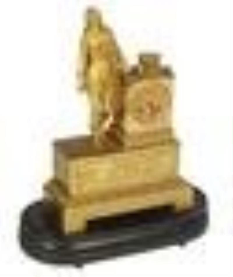 French Gilt Bronze Figural Mantel Clock, 19th c., with a soldier next to a time and strike drum
