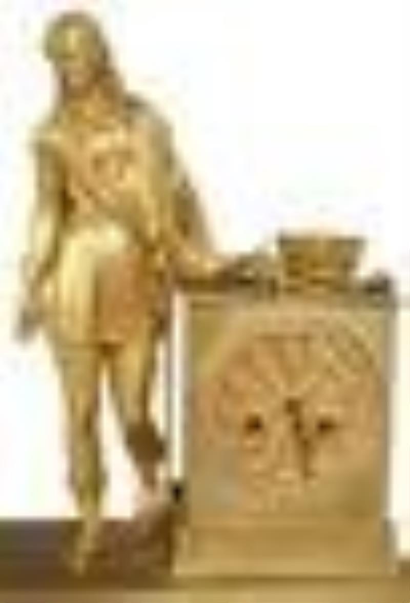 French Gilt Bronze Figural Mantel Clock, 19th c., with a soldier next to a time and strike drum