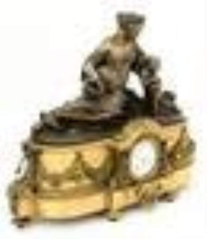 Monumental French Napoleon III Gilt & Patinated Bronze Clock Garniture, Raingo Freres, Paris