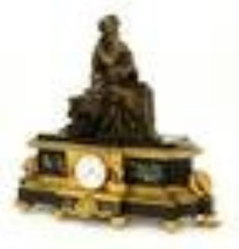 French Empire Style Bronze, Marble & Slate Figural Mantel Clock, Mathurin Moreau (1822-1912)