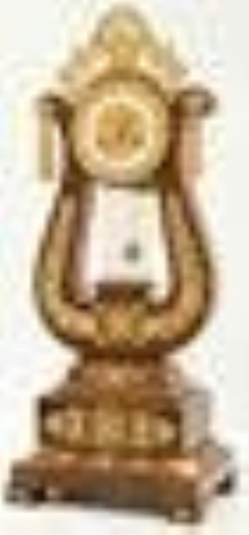 French Charles X Gilt Bronze Mounted Mahogany Lyre-Form Mantel Clock
