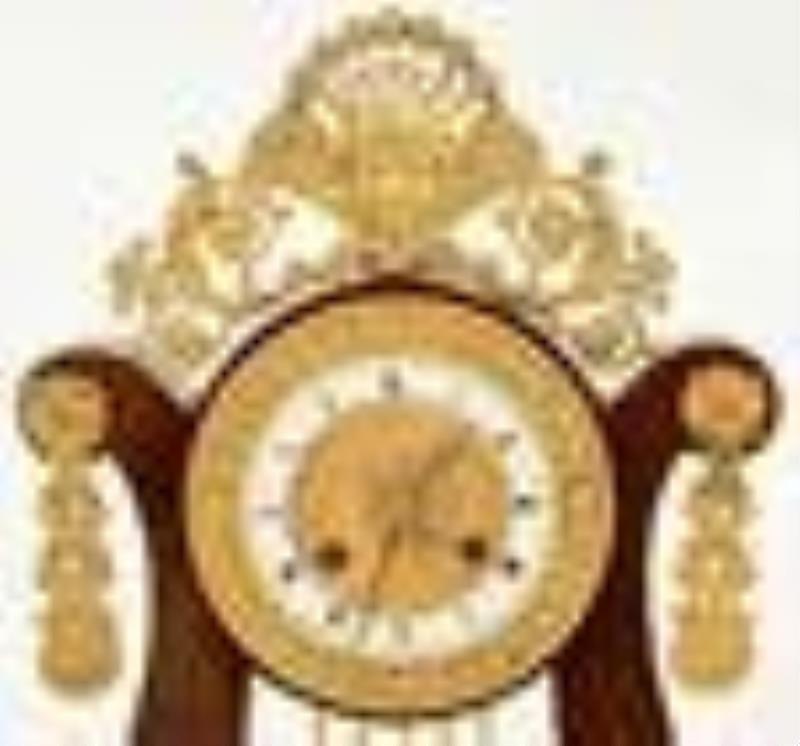 French Charles X Gilt Bronze Mounted Mahogany Lyre-Form Mantel Clock