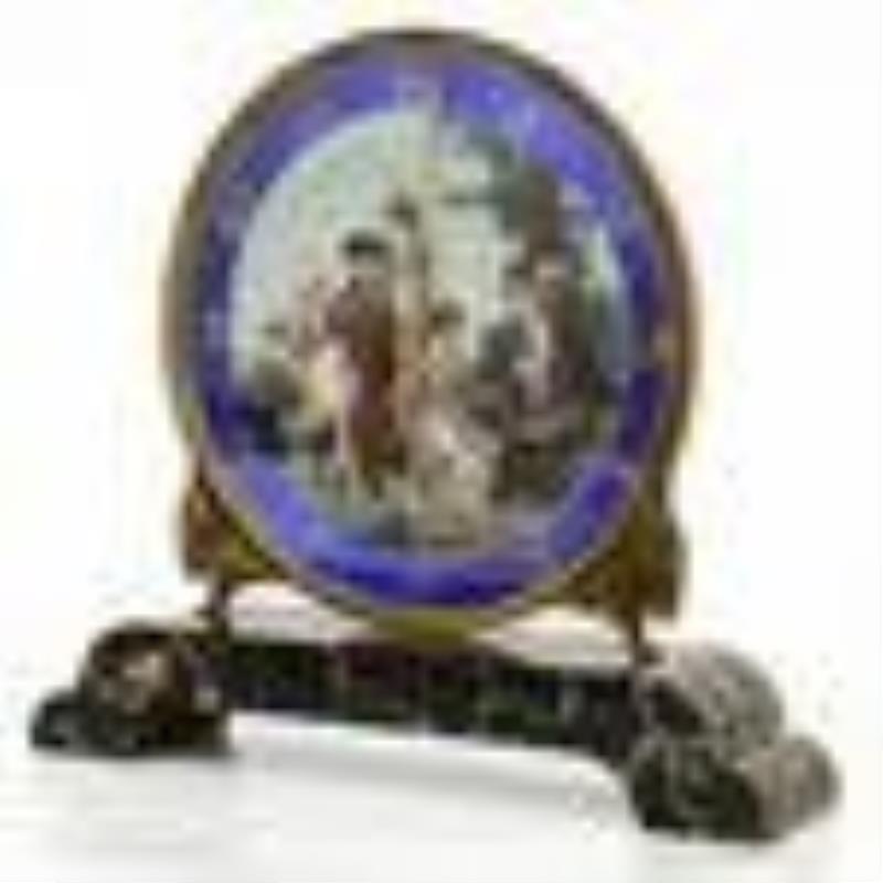 French Guilloche Enamel, Porcelain, Bronze & Marble Desk Clock by Golay, Fils & Stahl, Geneva