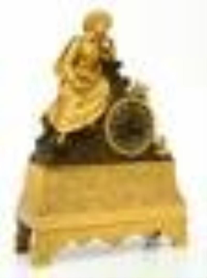 French Charles X Gilt & Patinated Bronze Mantel Clock