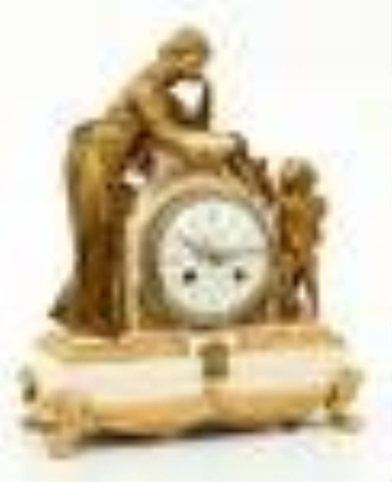 French Louis XVI-Style Bronze & Marble Figural Mantel Clock