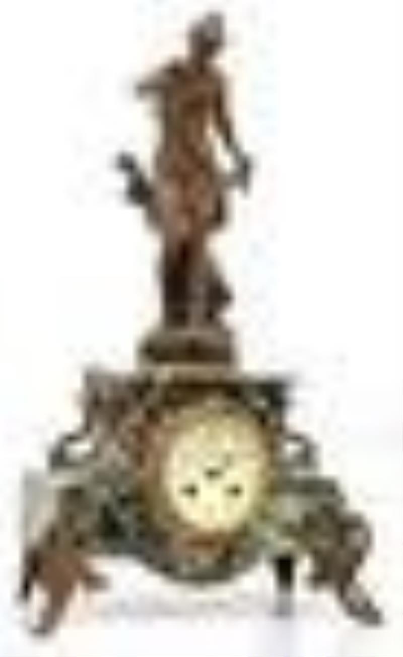 French Patinated Metal & Marble Clock Garniture