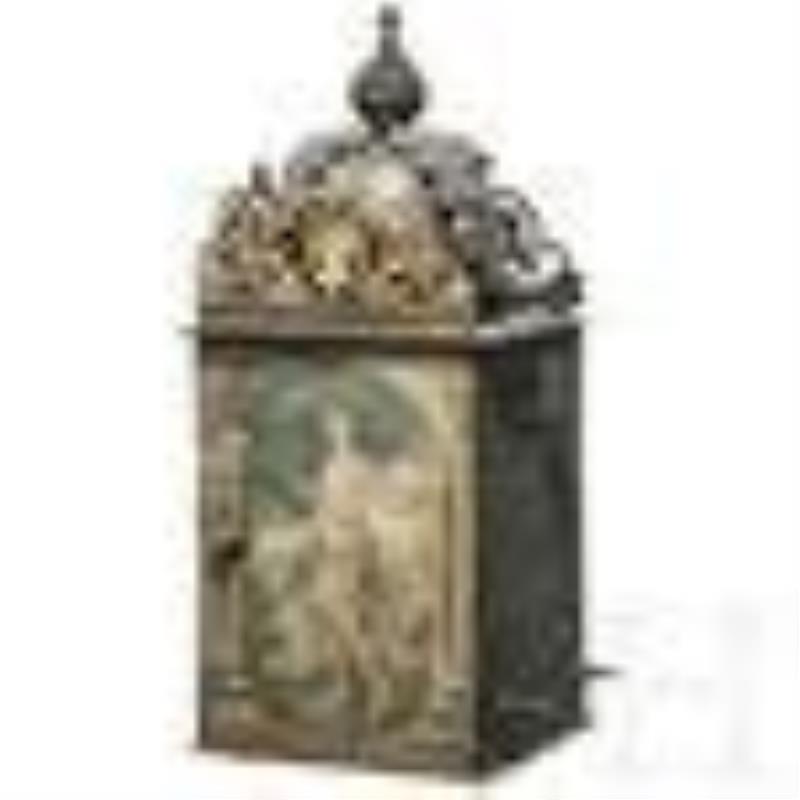 A South German or Swiss mechanical iron clock with front pendulum and alarm function, dated 1691
