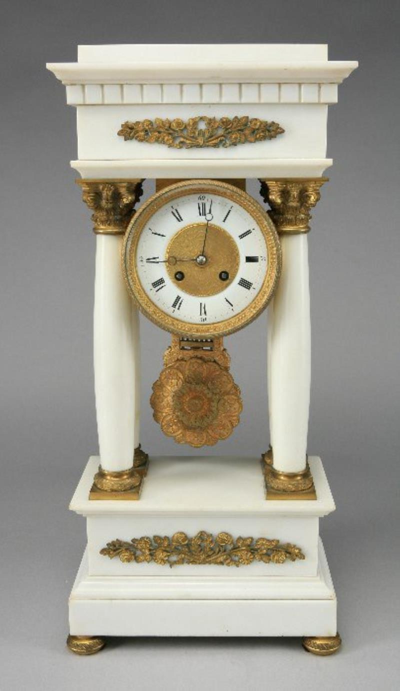 French Empire style white marble Portico clock,