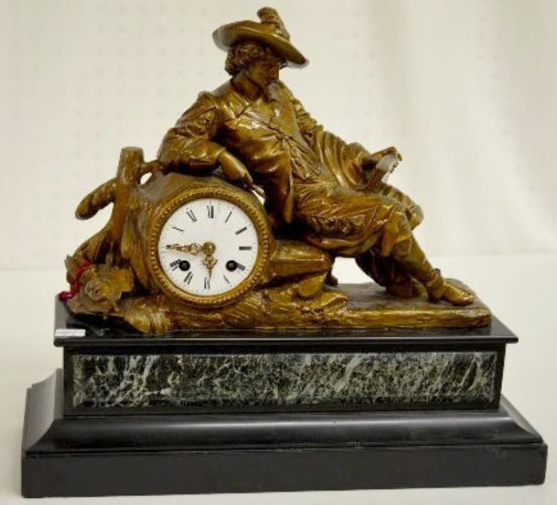 French Figural Mantel Clock, Cavalier Reading