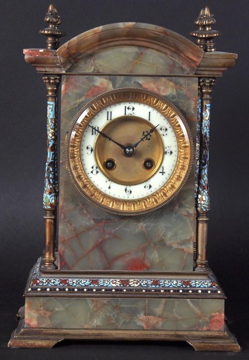 A GOOD 19TH CENTURY ONYX AND CHAMPLEVE ENAMEL CLOCK,