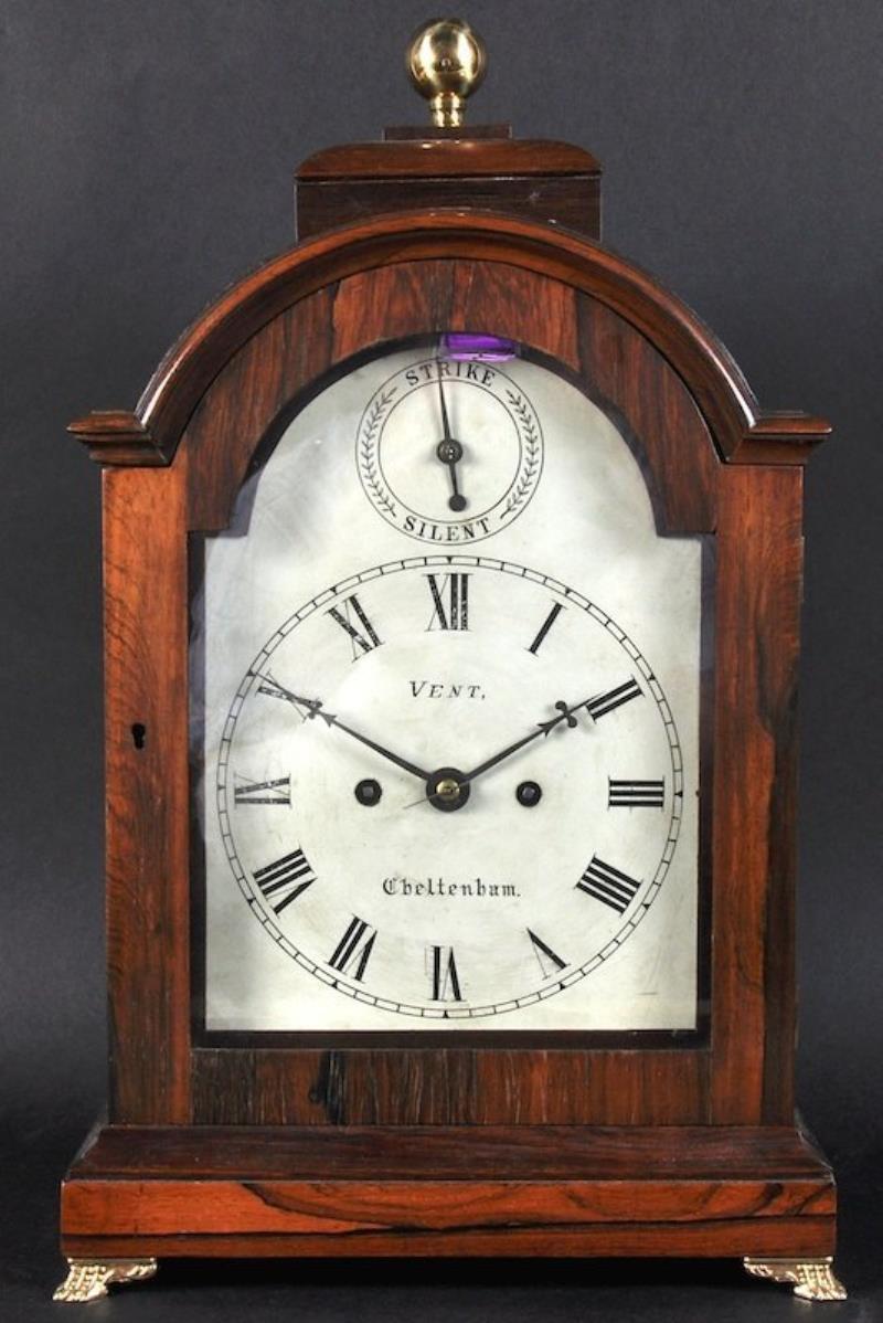 A GEORGIAN ROSEWOOD BRACKET CLOCK by VENT, CHELTENHAM