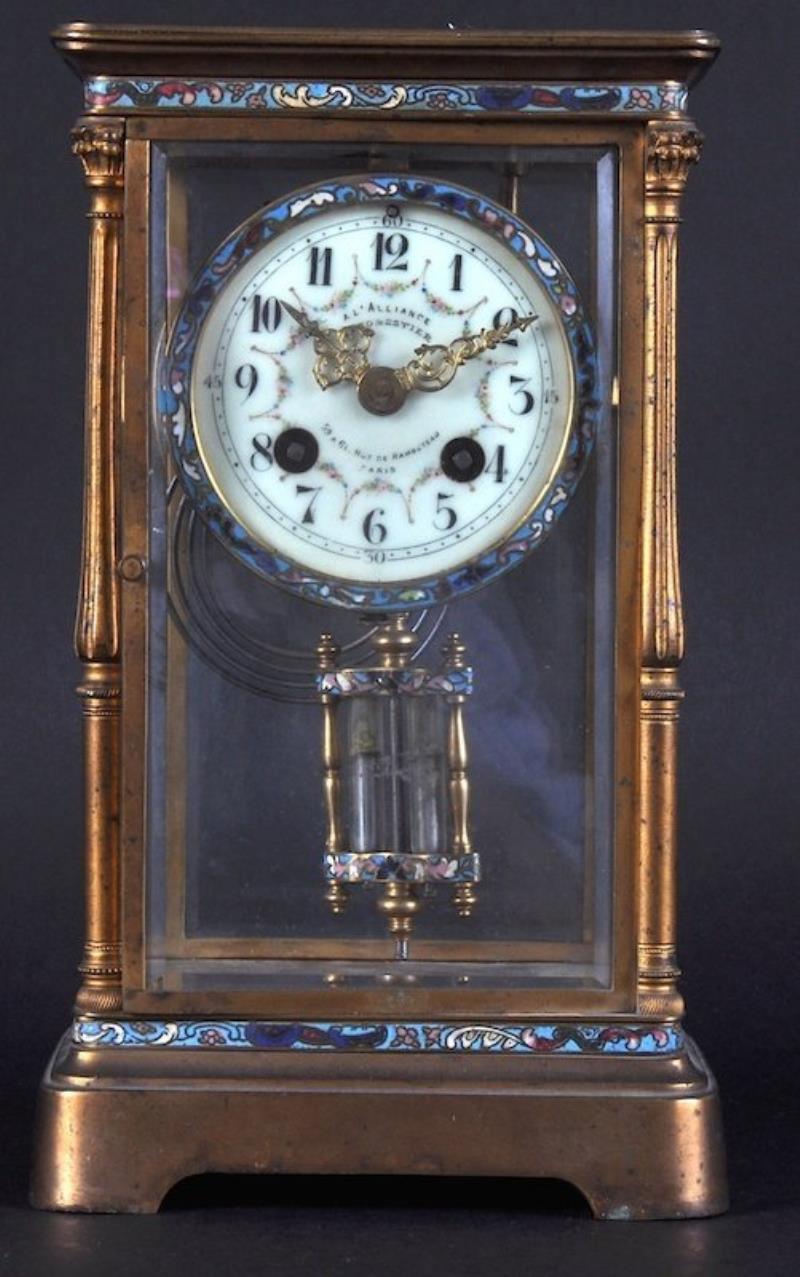 A 19TH CENTURY FRENCH CHAMPLEVE ENAMEL FOUR GLASS CLOCK