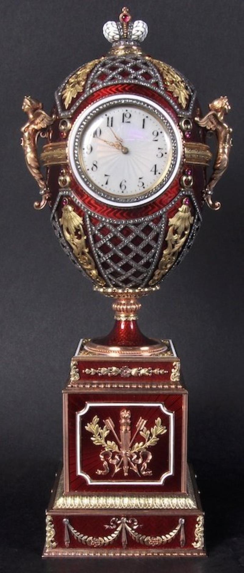A SUPERB GOLD ENAMEL AND DIAMOND TABLE CLOCK in the