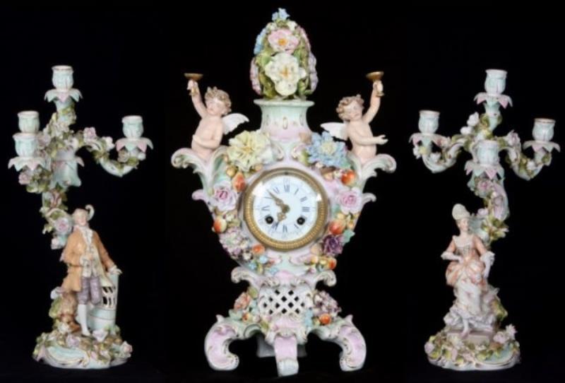 3 Pc. Meissen Porcelain Clock Set