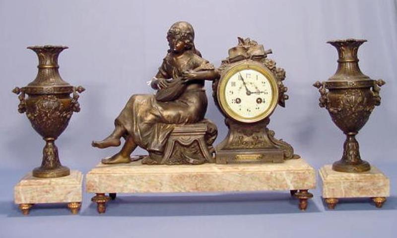 3 Pc. French Spelter and Marble Clock Set