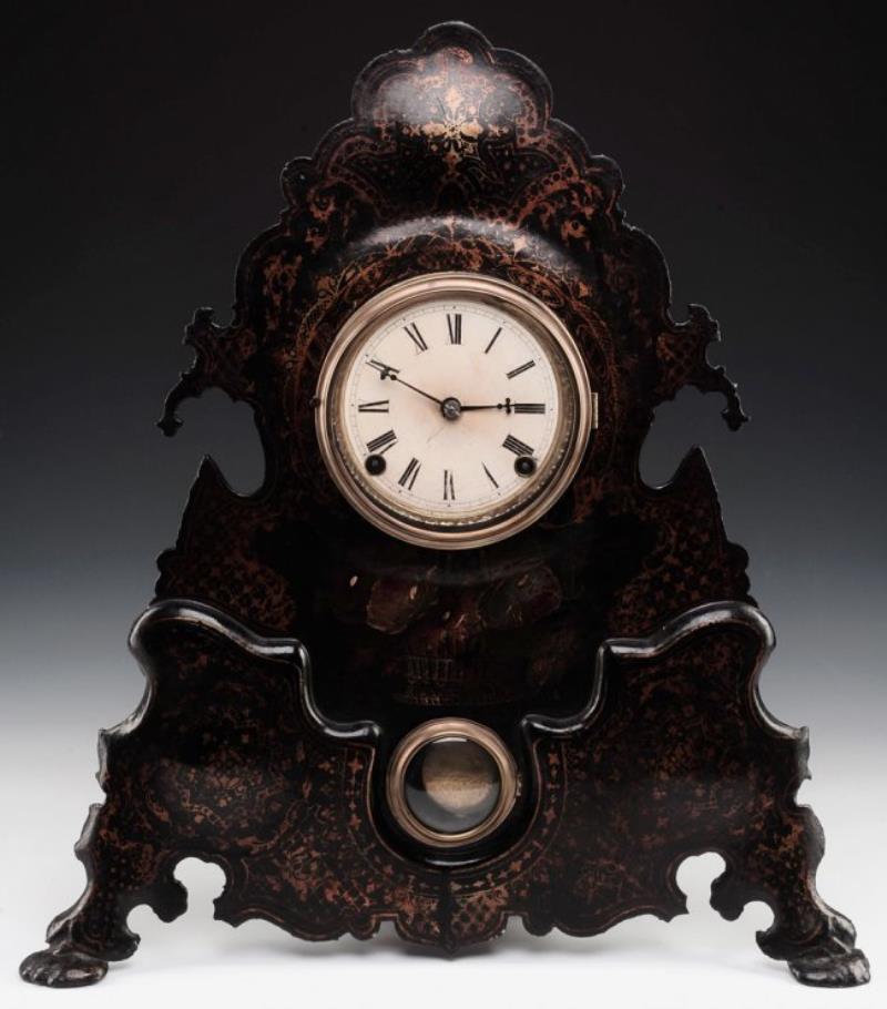 A 19TH C. IRON FRONT MANTEL CLOCK ATTRIBUTED ANSONIA