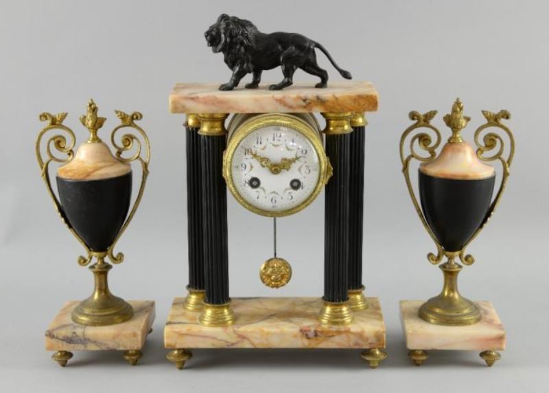 Early 20th century pink marble and spelter clock