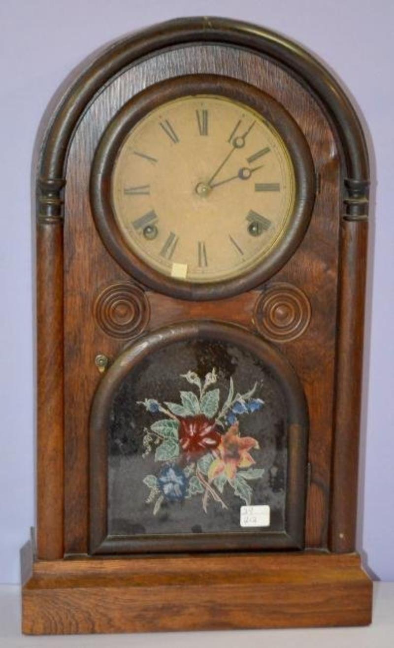Antique Walnut N. Pomeroy Round Top Shelf Clock