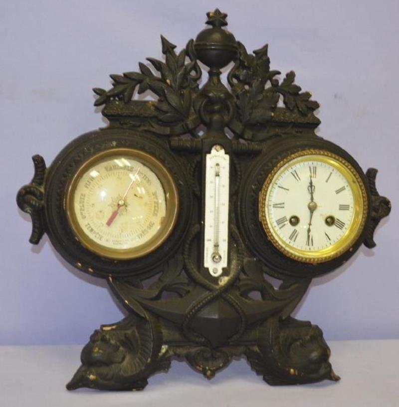 French Cast Iron Clock, Thermometer, Barometer